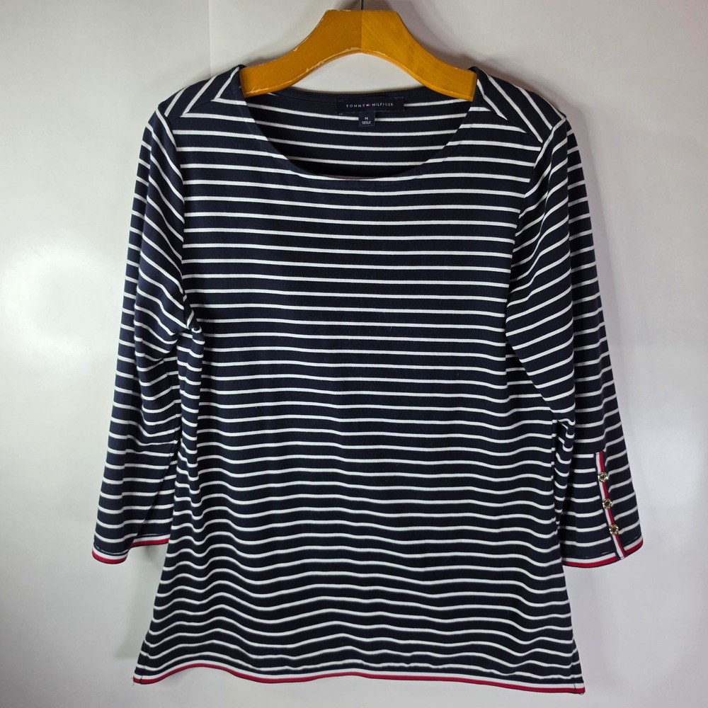 Tommy Hilfiger Navy Blue White Striped 3/4 Sleeve Button Cuff Nautical Top M